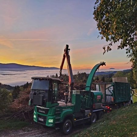 Ein großer Lastwagen steht auf einem Hügel, im Hintergrund ist ein Baum zu sehen.