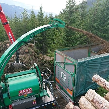 Ein großer Lastwagen lädt Holzstämme in einen anderen Lastwagen.