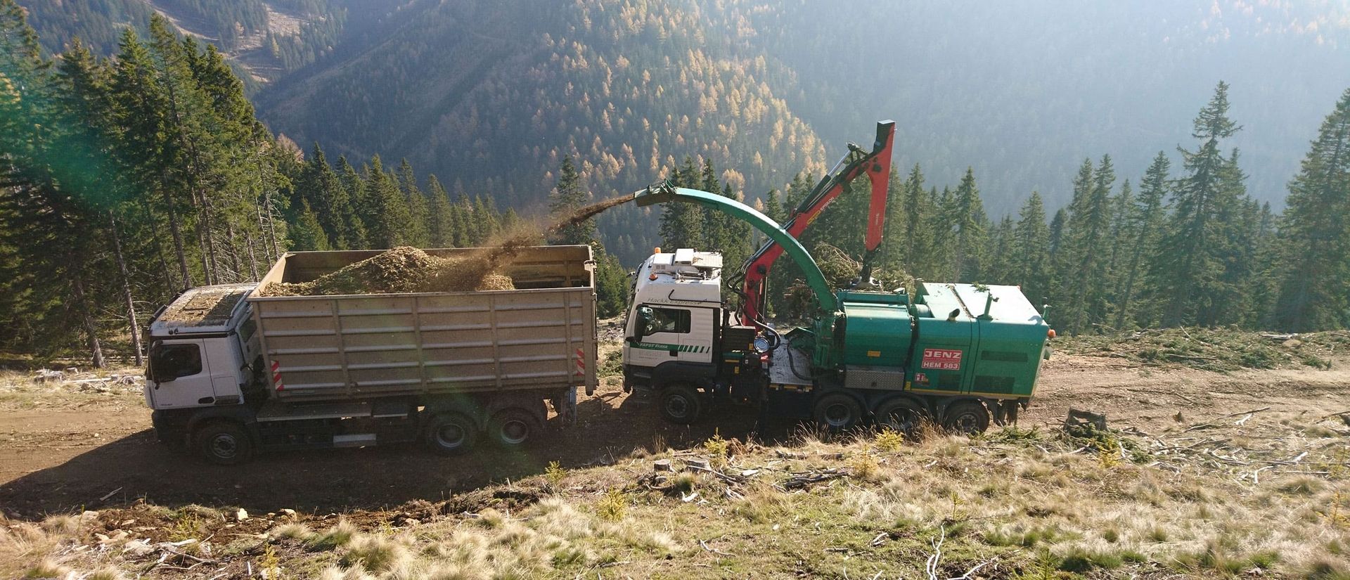 Hackgut wird in einen LKW geladen.